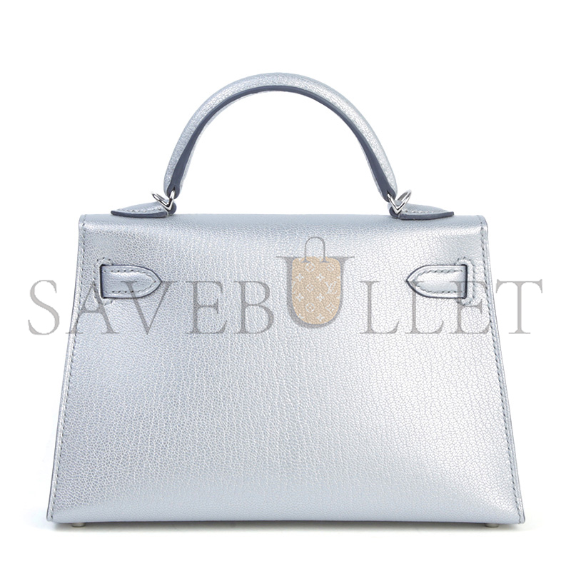 HERMES MINI KELLY SILVER METALLIC ARGENT CHAMKILA PALLADIUM HARDWARE (19*12*5.5cm)